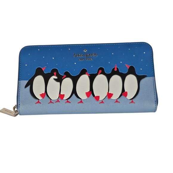 Kate Spade Arctic Friends Continental Wallet Penguin Blue Zip Around Blue Clutch - Picture 6 of 16